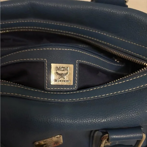 MCM Blue Leather Boston Bag with Silver Accents - Picture 5 of 13